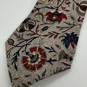 Claiborne Tie 100% Italian Silk Men's Necktie 56" X 4" Floral Silver Red Blue